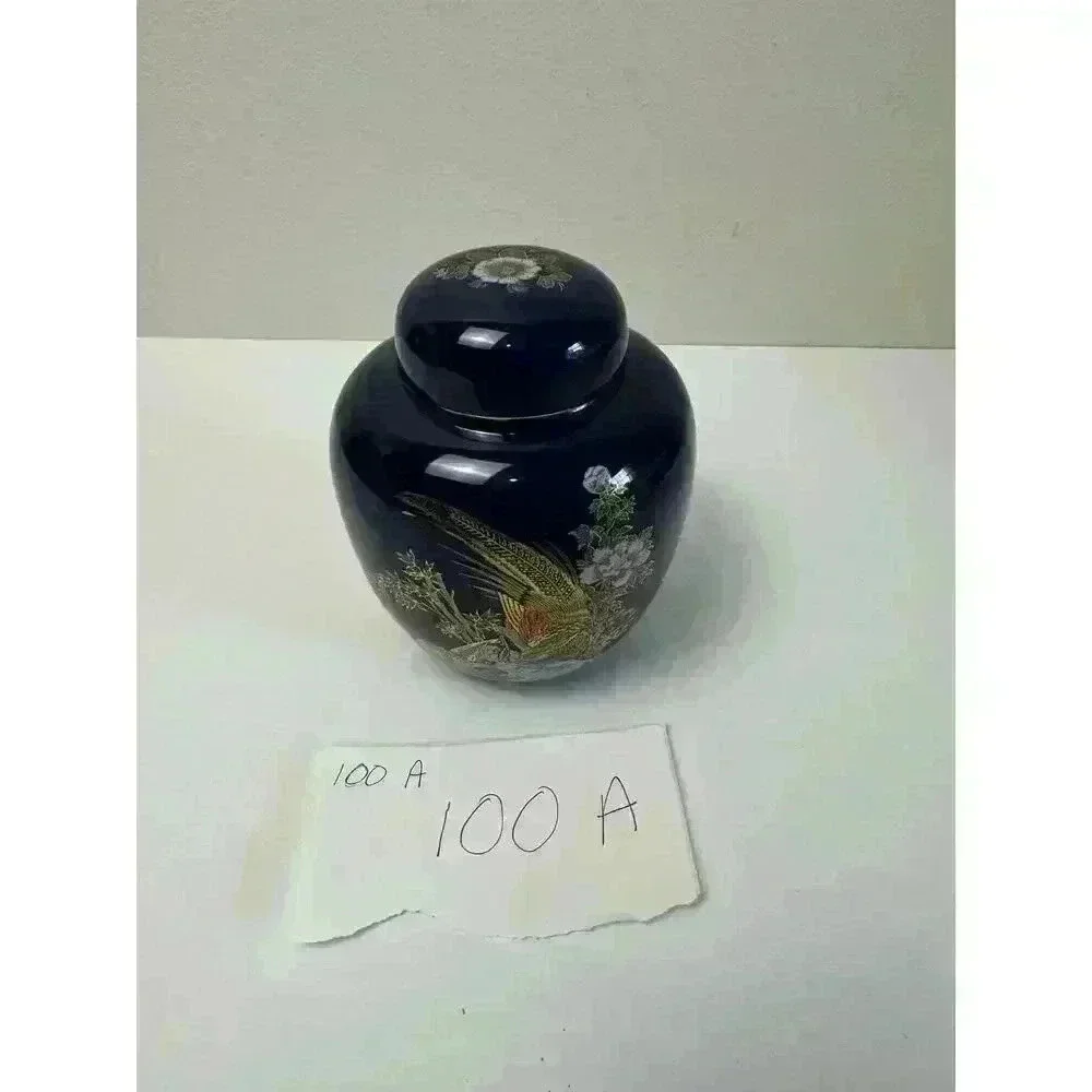 Vintage Royal Blue Porcelain Ginger Jar With Oriental Pheasant Scene EUC